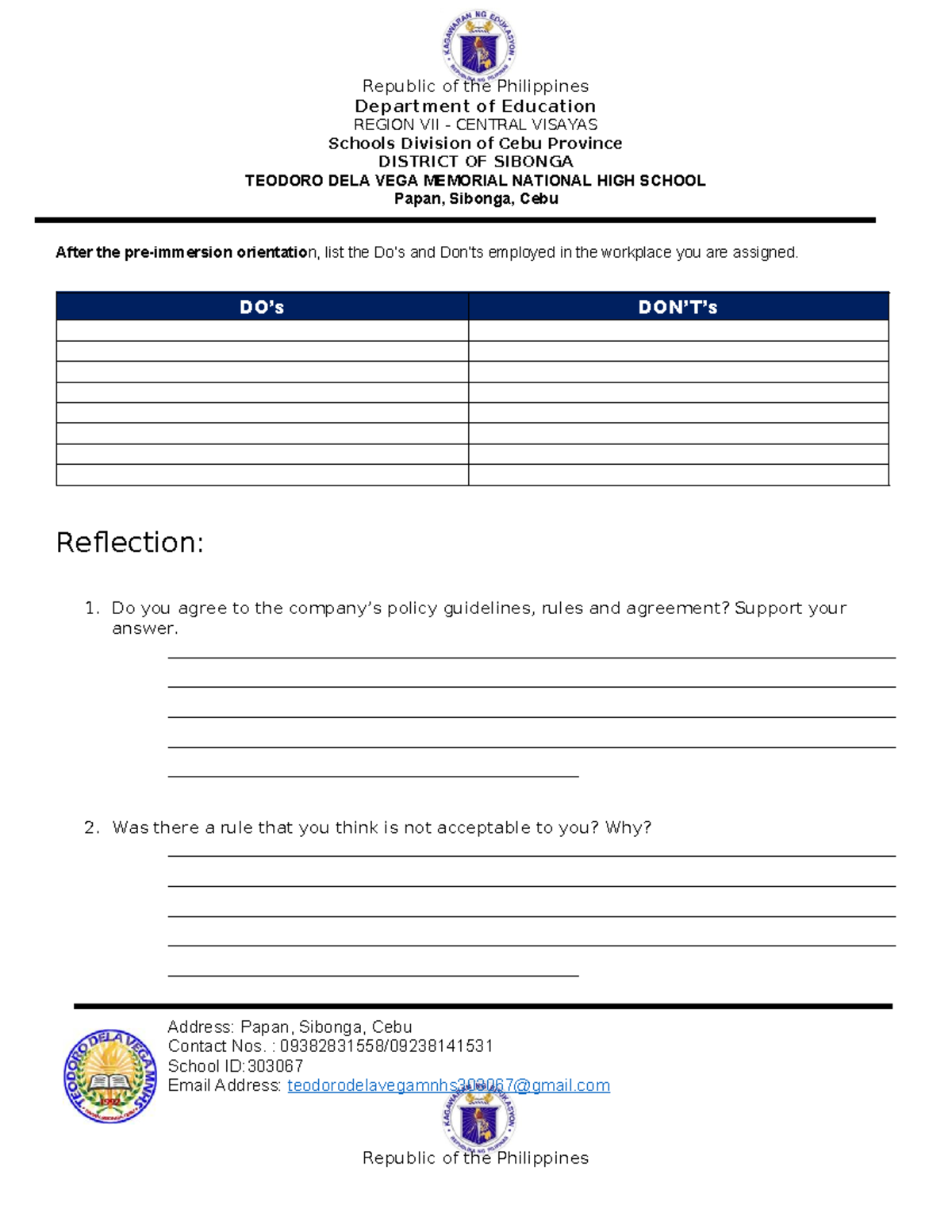 SHS Work Immersion Report - Teodoro Dela Vega Memorial HS - Studocu