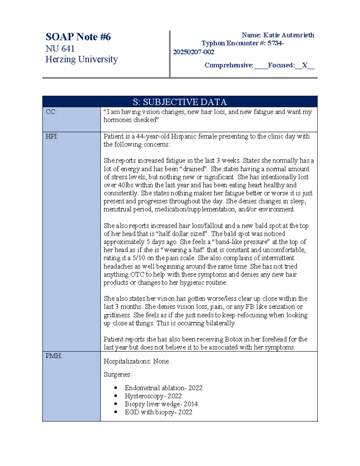 NU 641 Week 6 SOAP Note: Comprehensive Assessment and Plan - Studocu