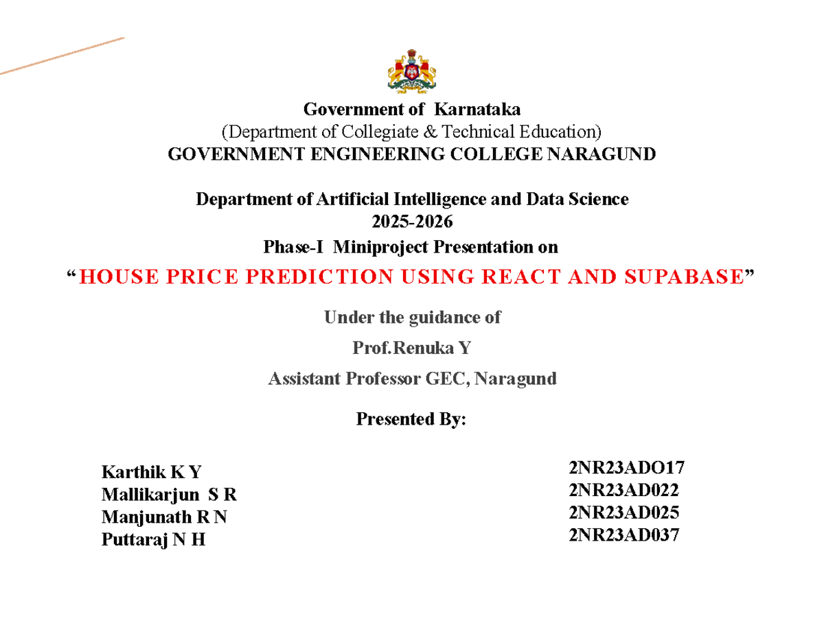 Miniproject Presentation on Price Prediction Using React - 2NR23AD025 ...