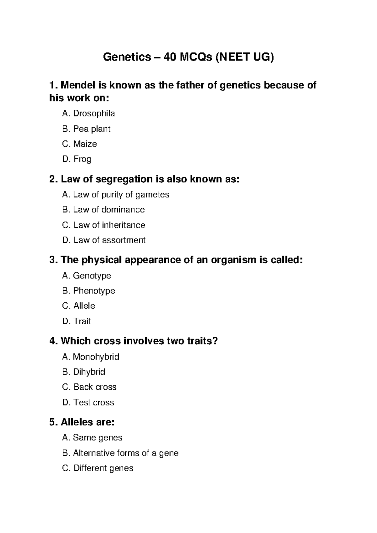 Genetics MCQs (NEET UG) - 40 Questions with Answer Key - Studocu