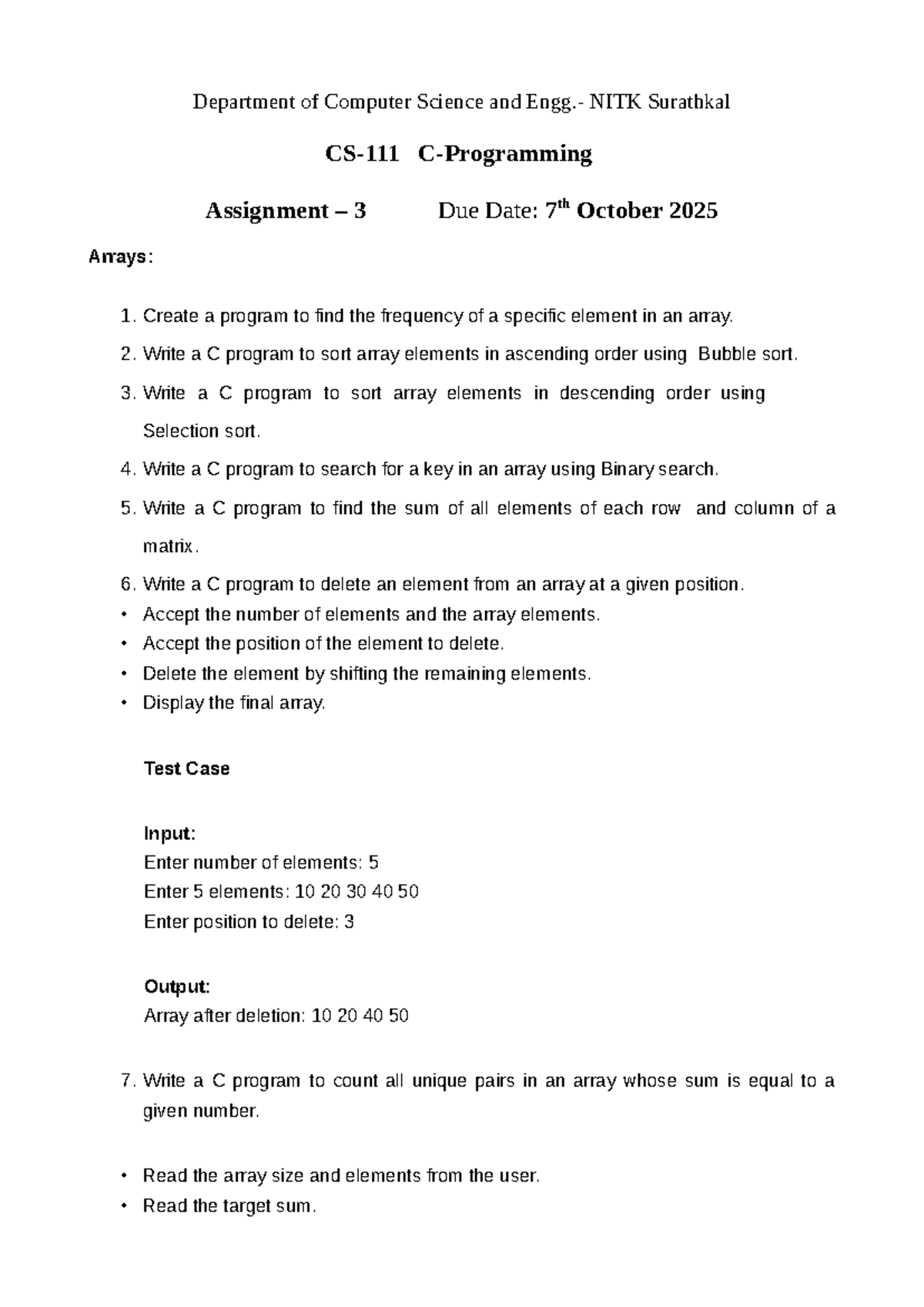 Assignment 3: C Programming on Arrays and Matrices - NITK - Studocu