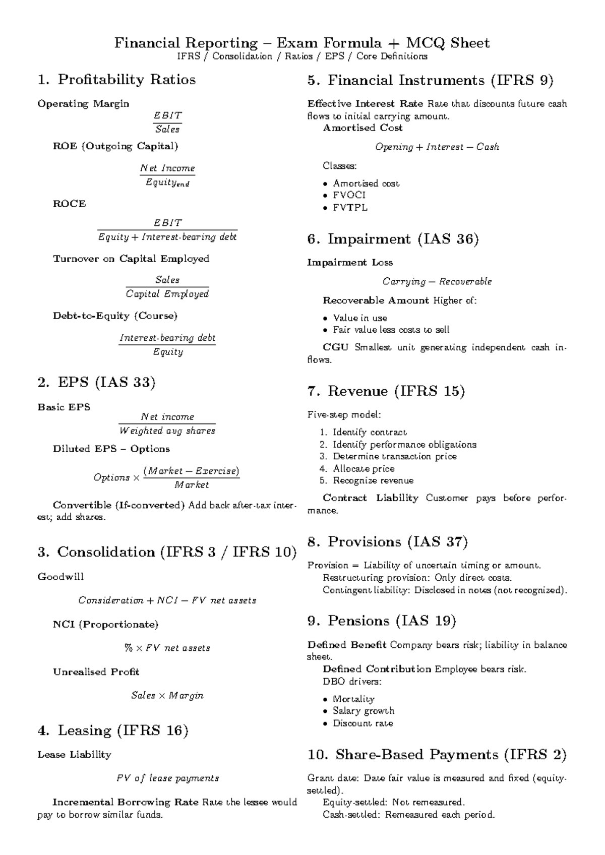 Financial Reporting Exam Formula Sheet: IFRS & Key Ratios - Studocu