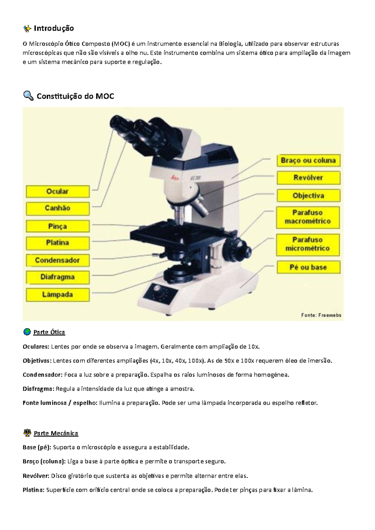 MOC - Resumos sobre o Microscópio Ótico Composto e seu Funcionamento ...