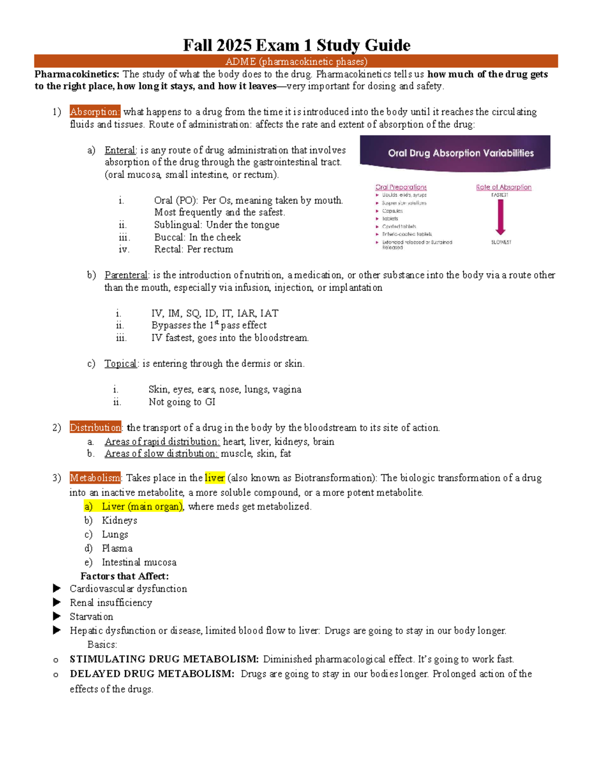 Fall 2025 Exam 1 Study Guide: Pharmacokinetics & Drug Metabolism - Studocu