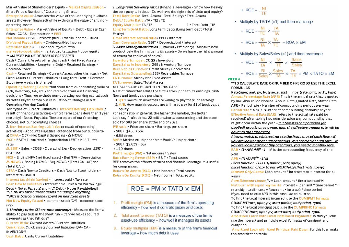 FIN 101 Quiz Cheat Sheet: Key Concepts in Market Value and Ratios - Studocu