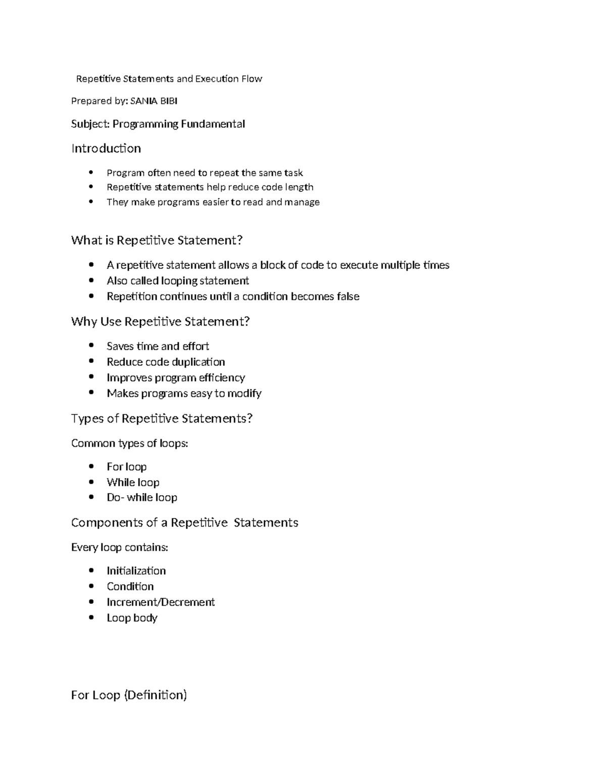 Repetitive Statements & Execution Flow in Programming Fundamentals ...