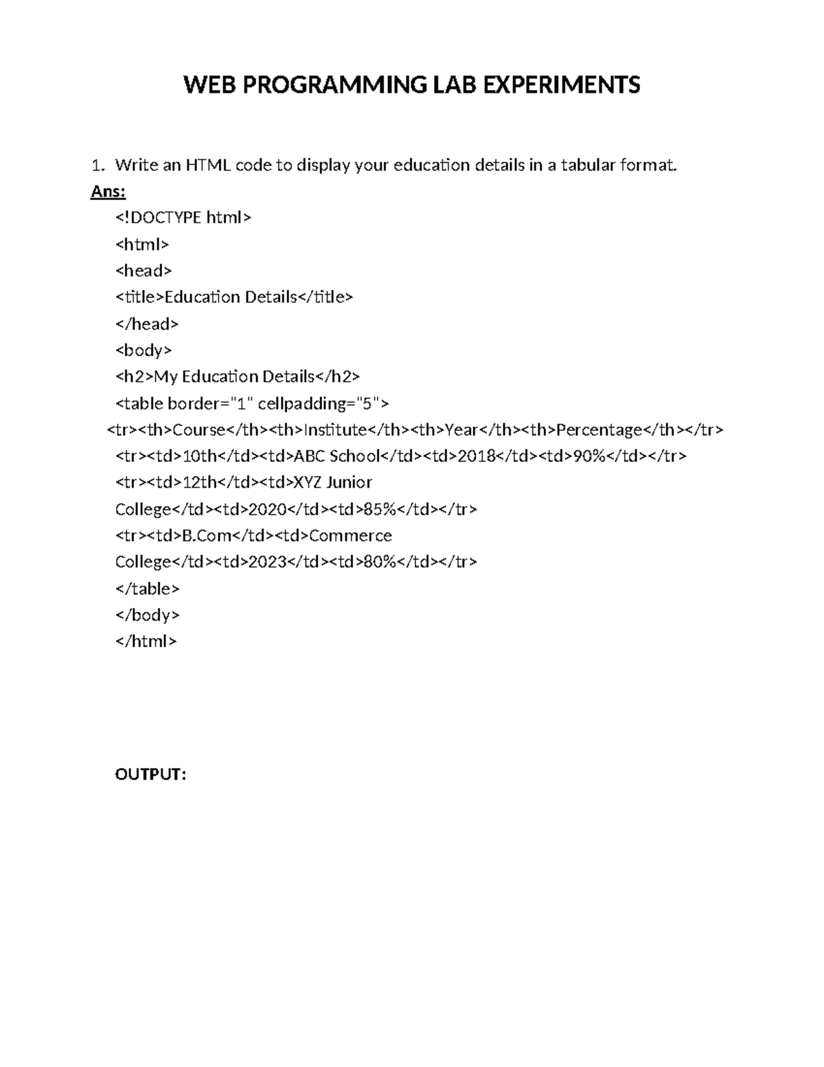 WEB PROGRAMMING LAB EXPERIMENTS: HTML & JS Tasks - Studocu