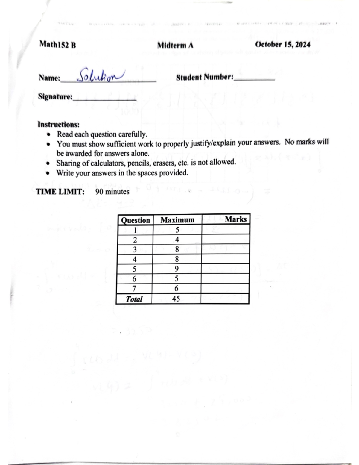 Midterm solutions MATH152B - Math152 B Midterm A October 15,2024 Name ...