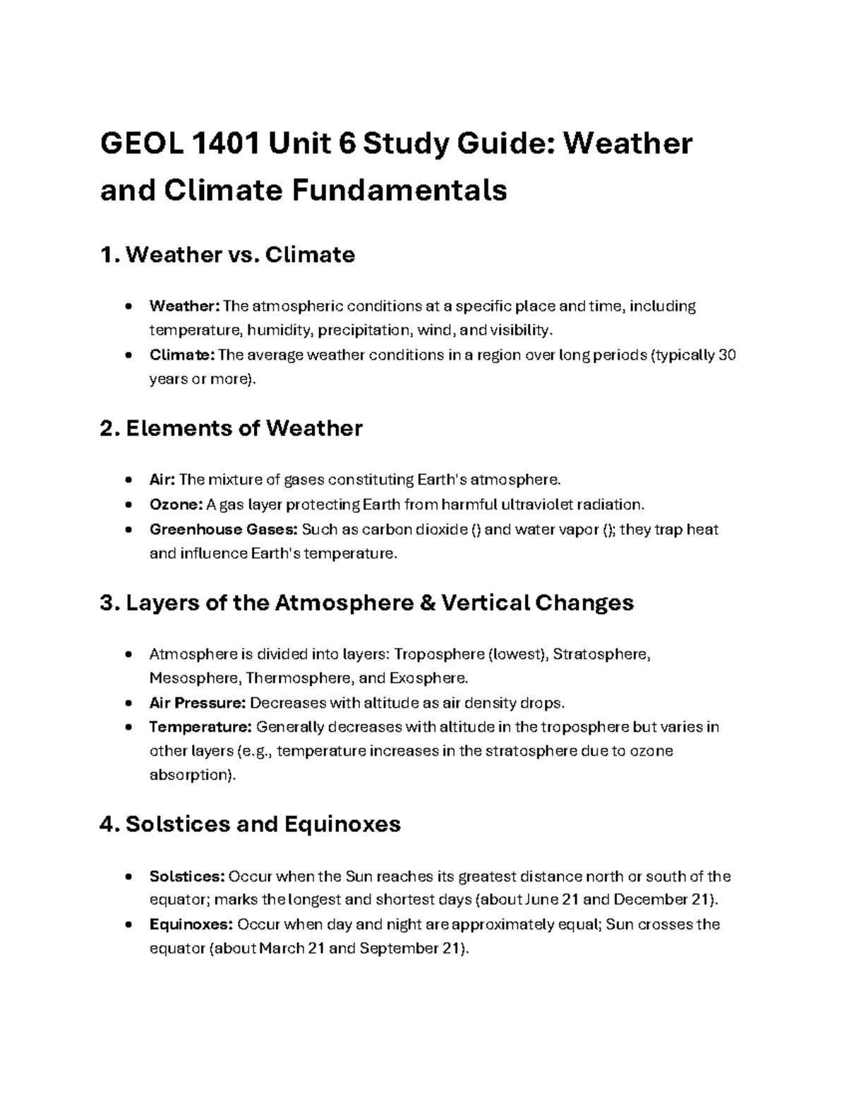 GEOL 1401 Exam 4 Study Guide: Weather and Climate Essentials - Studocu