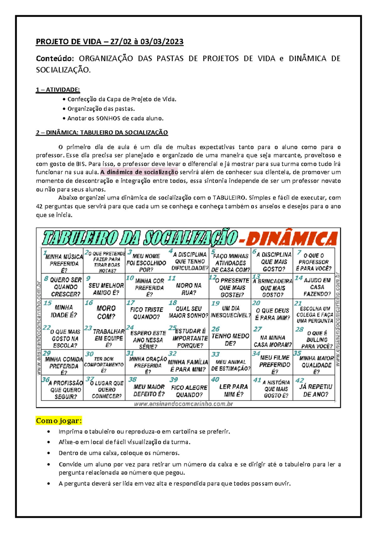 Plano de Aula - Projeto de Vida e Dinâmica de Socialização (27/02-03/03 ...