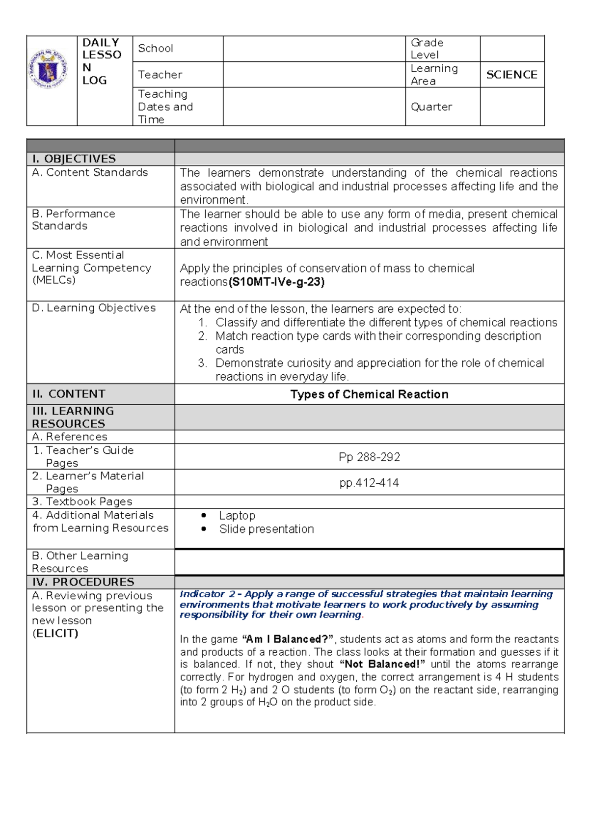 DAILY LESSON LOG: Types of Chemical Reactions with Indicators - Studocu