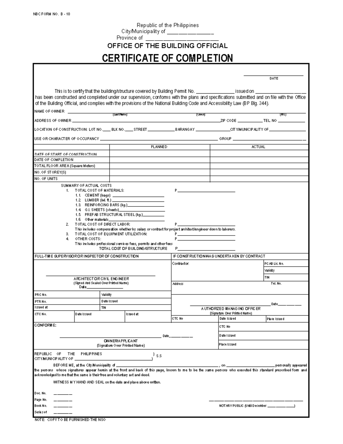 Certificate of Completion for Building Permit (NBC Form B-10) - Studocu