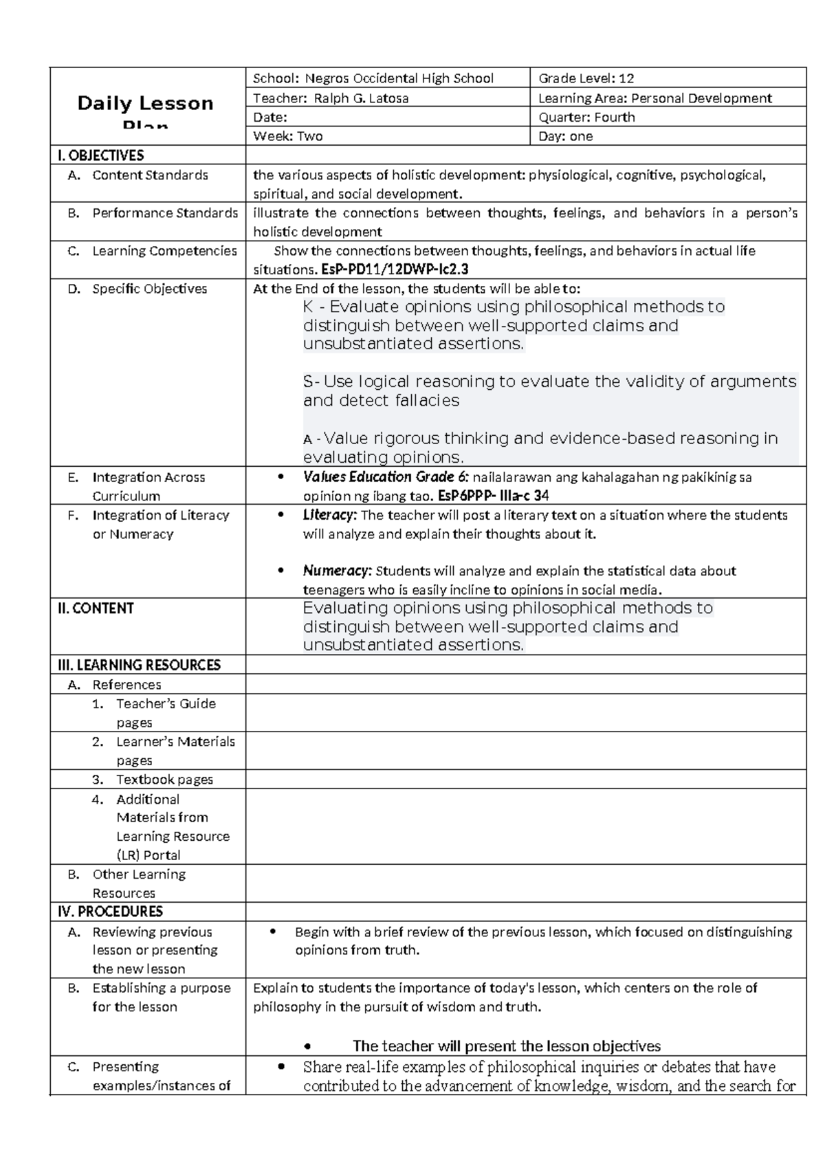 Perdev-DLP-Q4L1: Week 2 Daily Lesson Plan on Holistic Development - Studocu