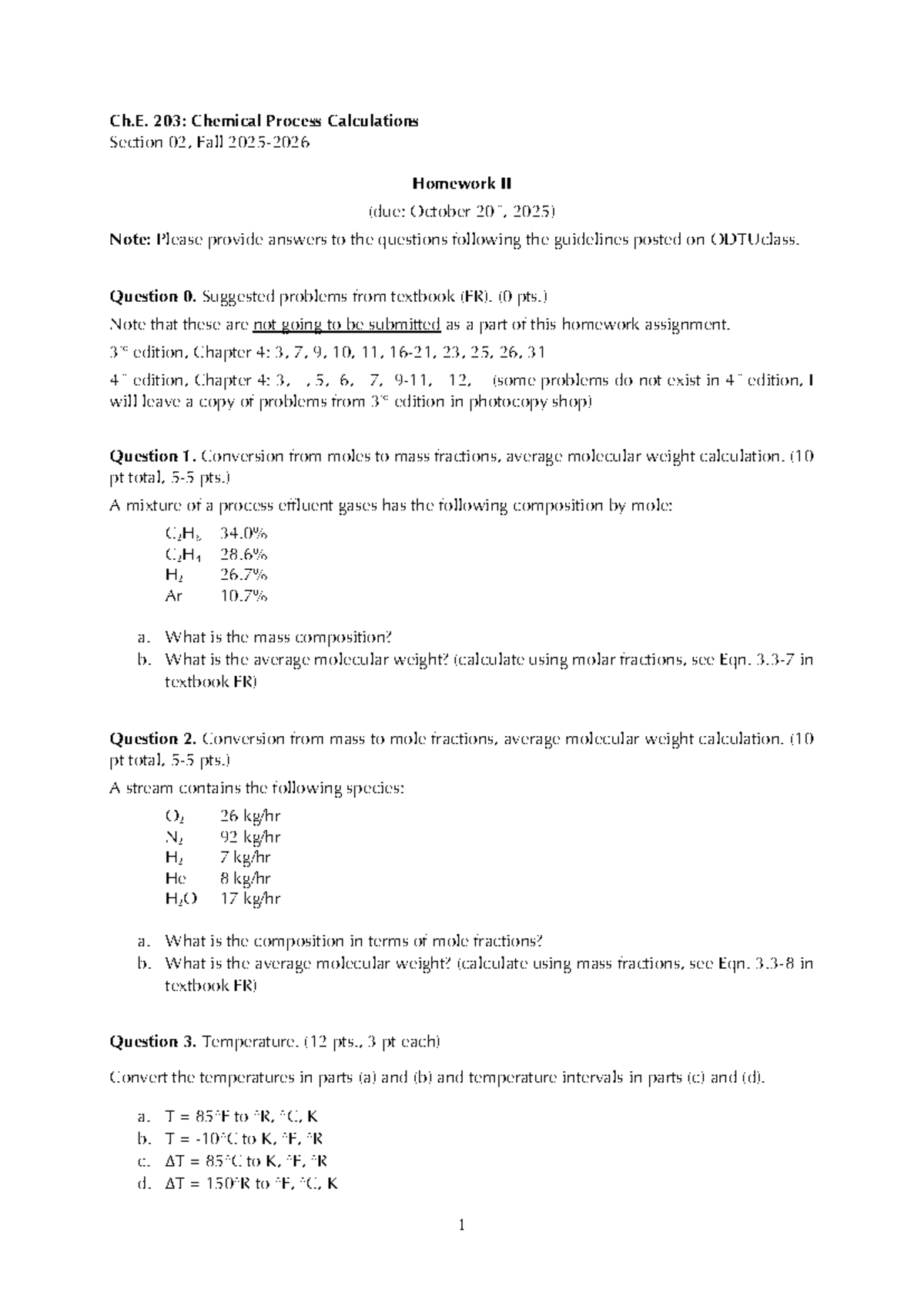 Ch.E. 203: Chemical Process Calculations - Homework II (Fall 2025 ...
