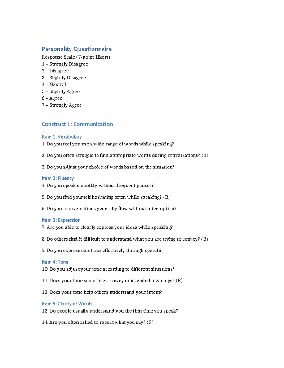 Personality Questionnaire (Likert Scale) by Construct and Items - Studocu