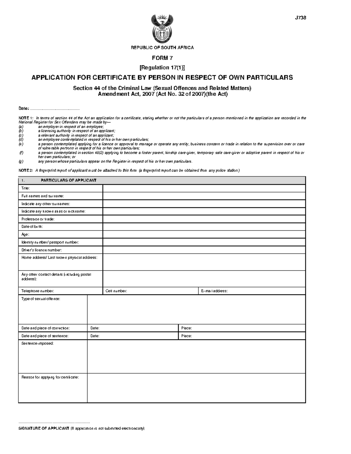 J738 Application for Certificate: NRSO Form 7 Details - Studocu