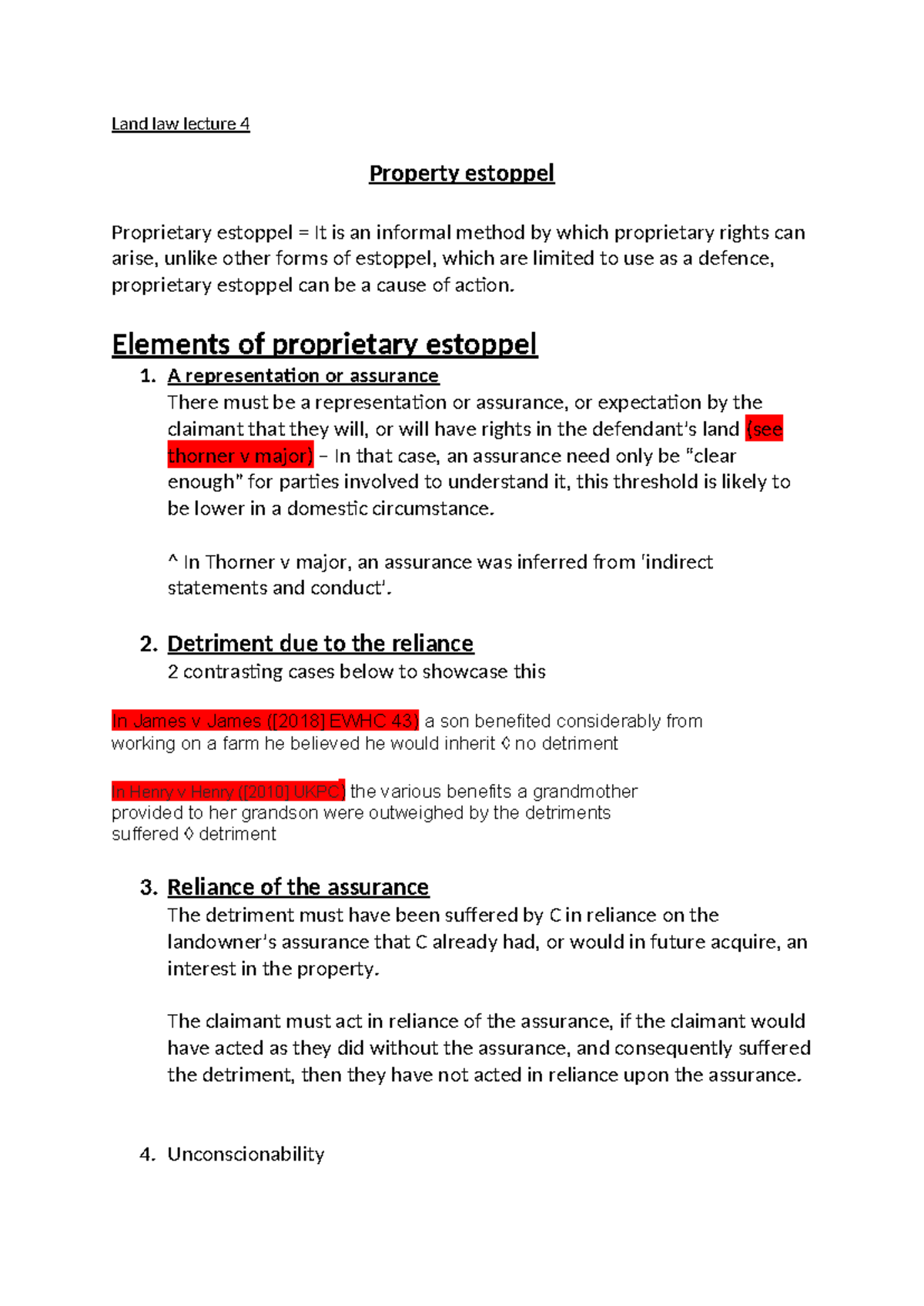 Land Law Lecture 4: Understanding Proprietary Estoppel Elements - Studocu