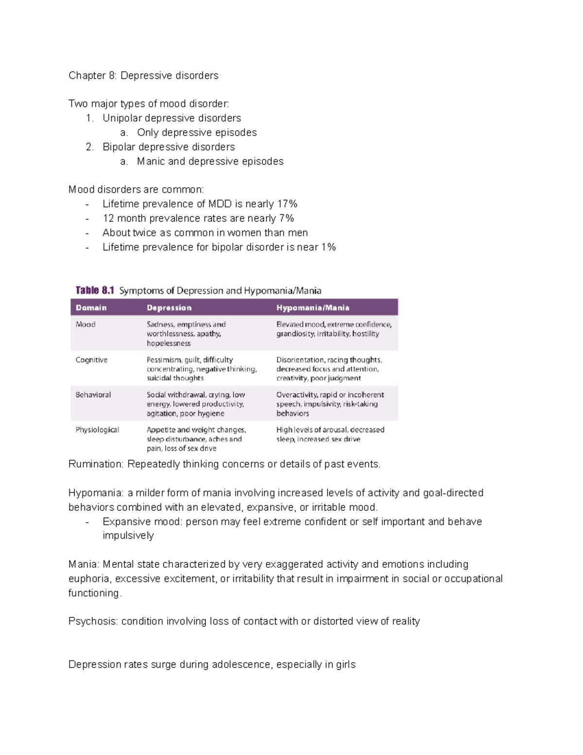 PSY 309 Quiz 3 - Chapter 8 & 10 Notes on Mood and Eating Disorders ...