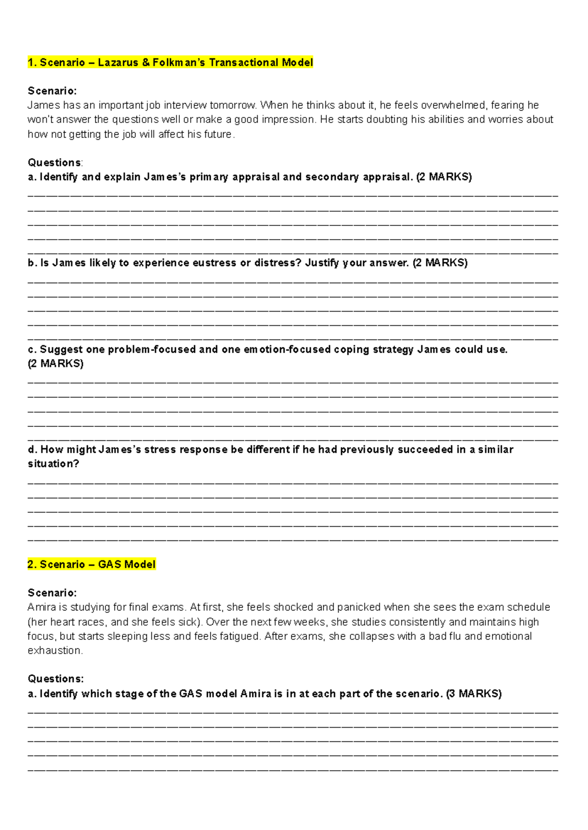 Psych 101: Stress and Coping Scenarios - Practice Notes - Studocu