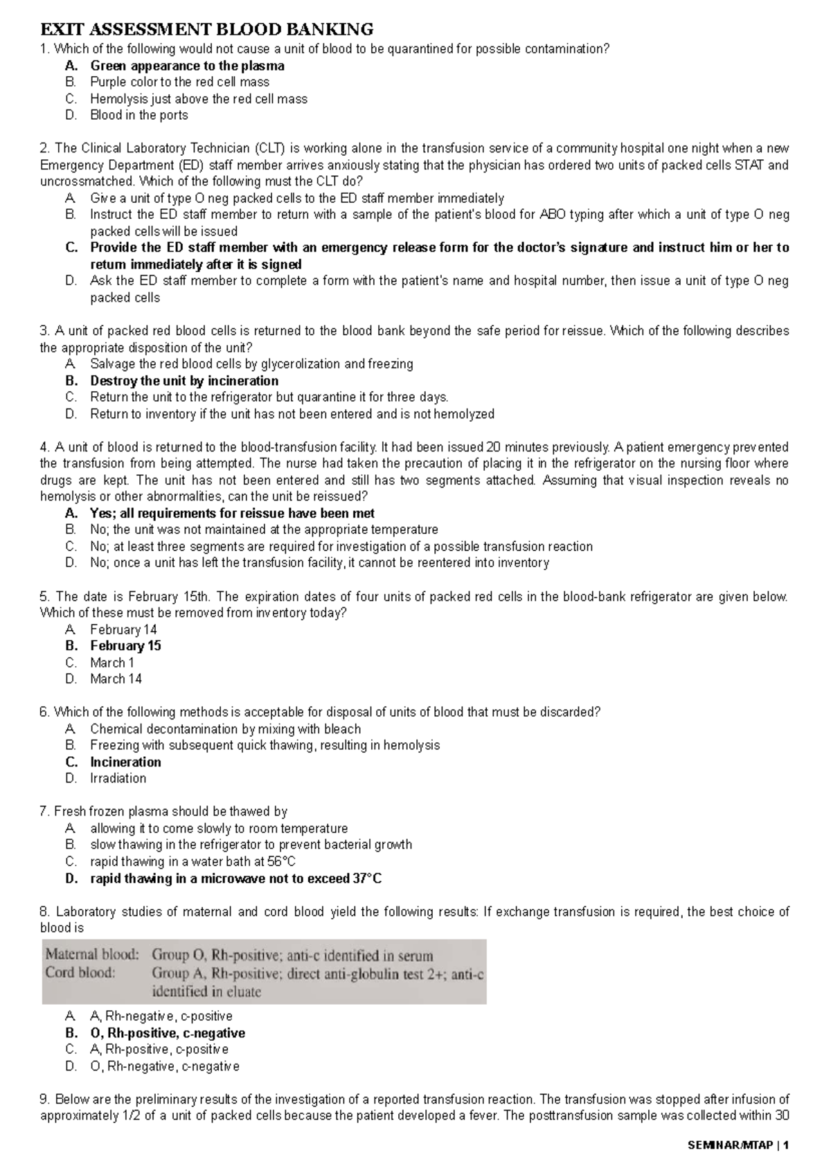 EXIT ASSESSMENT BLOOD BANKING (W-KEY Answers) - Studocu