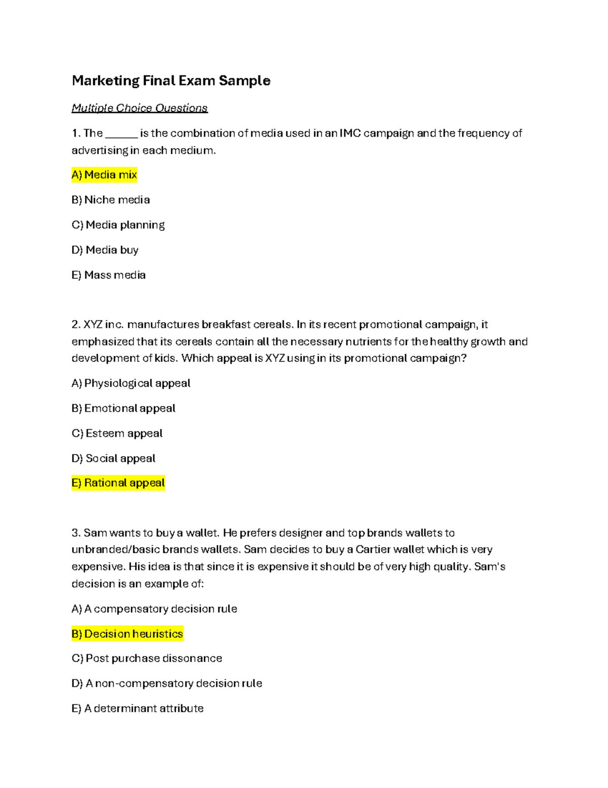 Marketing MKT 101 final exam sample multiple choice questions and ...