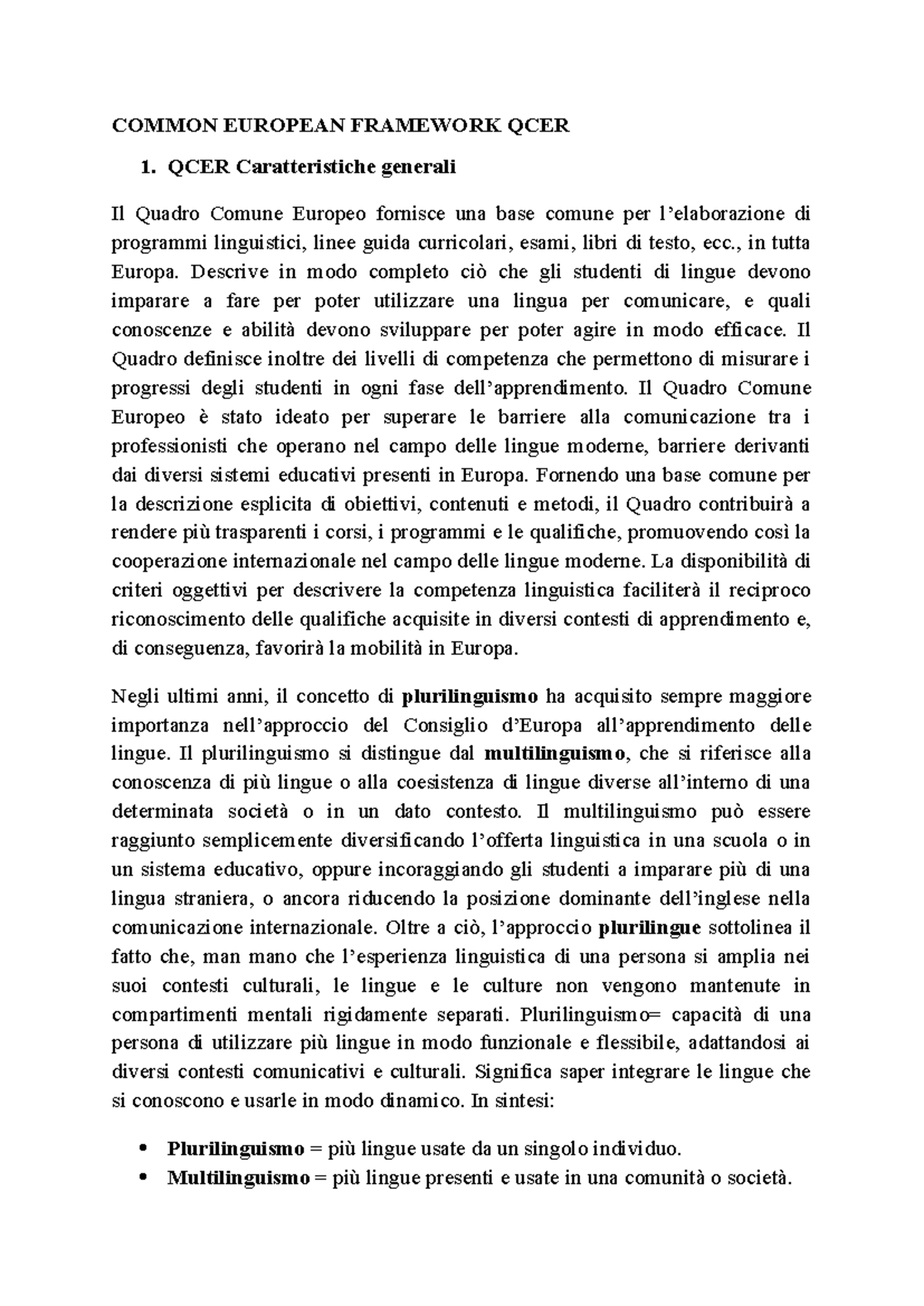QCER: Caratteristiche e Obiettivi per l'Insegnamento delle Lingue - Studocu
