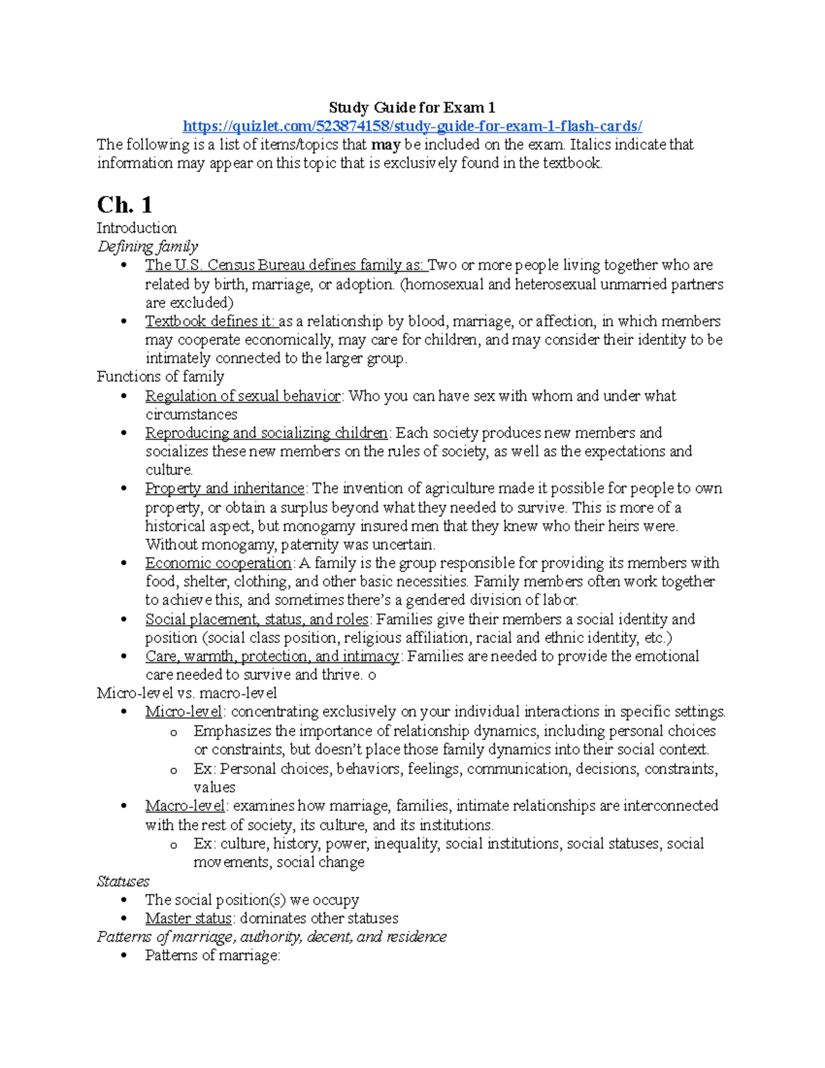 Marriage and Family Study Guide for Exam 1 (SOC 101) - Studocu