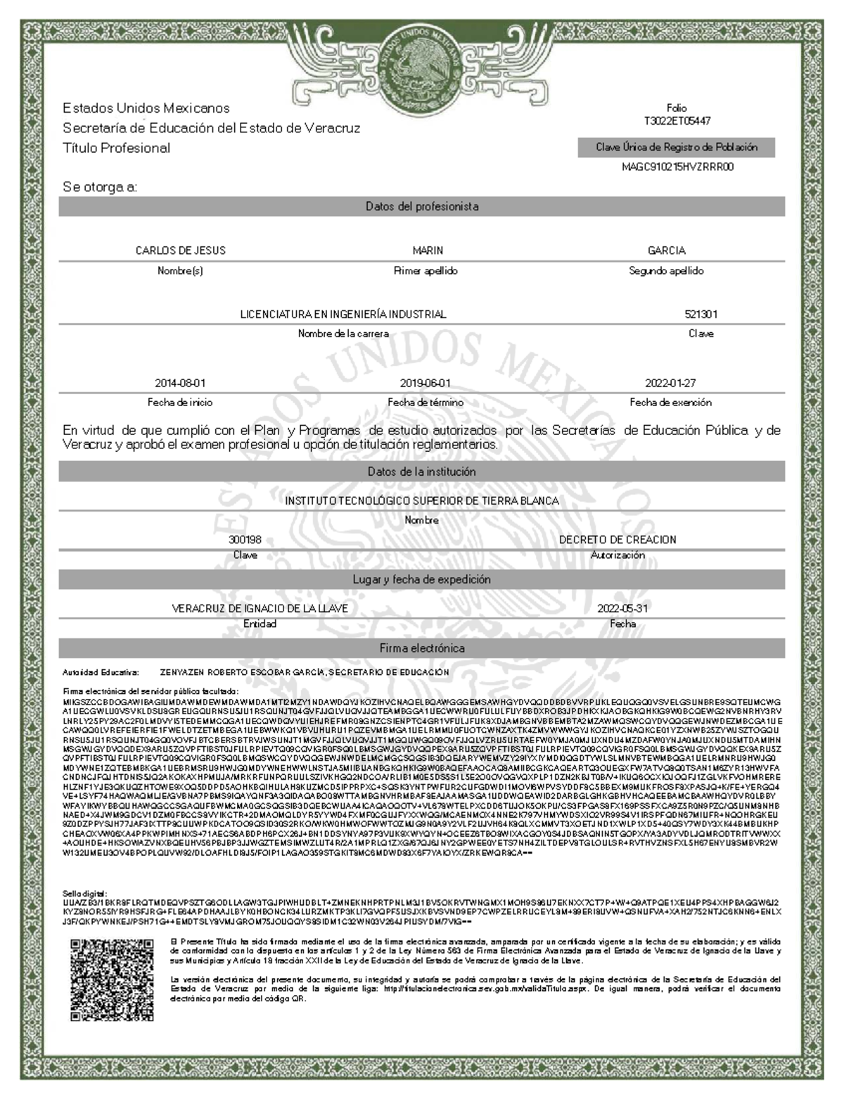 Título Profesional de Licenciatura en Ingeniería Industrial ...