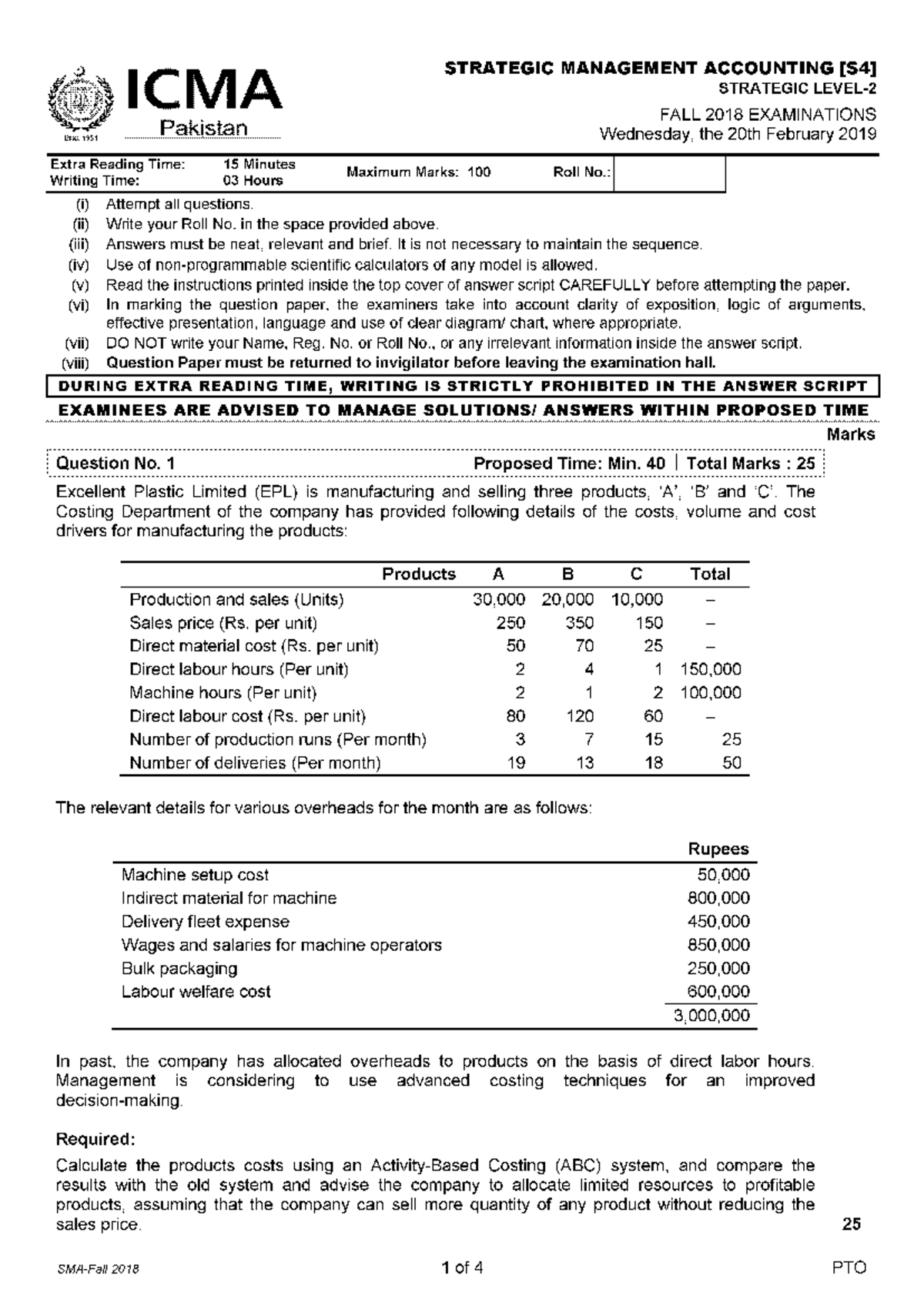 Fall 2018 SMA QP - Strategic Management Accounting Past Exam Paper ...