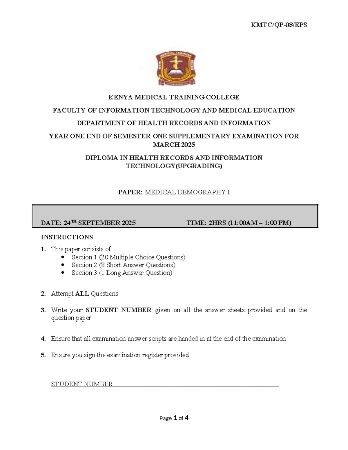 Medical Demography I Exam - Diploma in Health Records & IT (Upgrading ...
