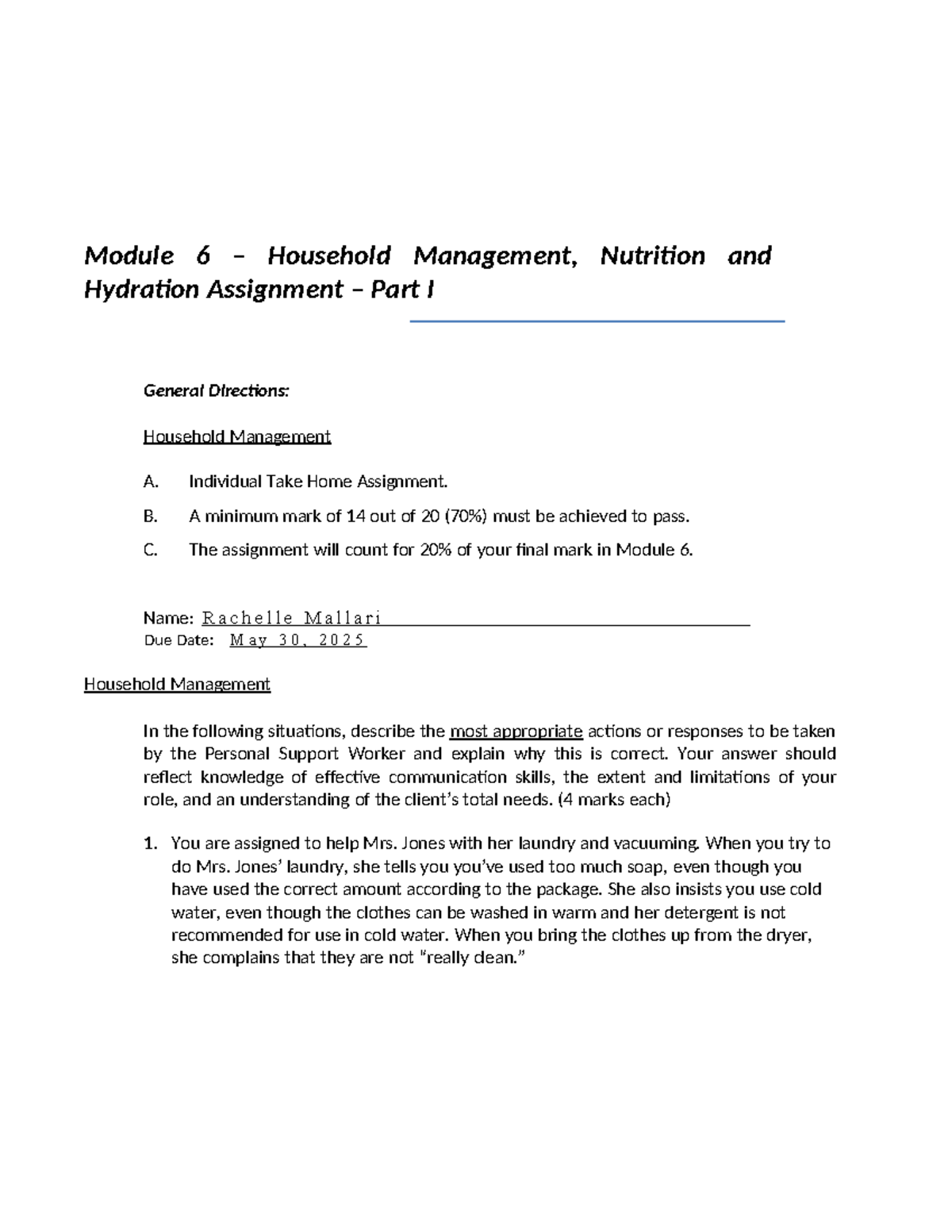 Module 6 - Household Management & Nutrition Assignment Guidelines - Studocu