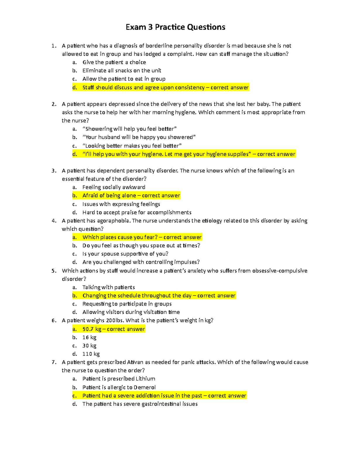 NUR 301 Exam 3 Practice Questions and Answers Guide - Studocu