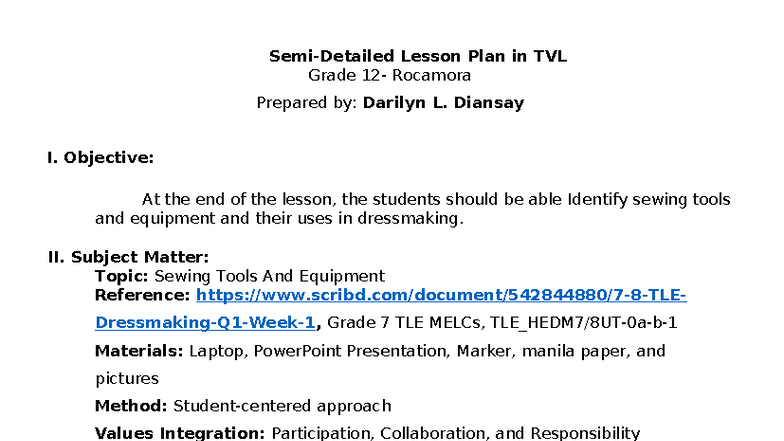 Lesson Plan: Sewing Tools & Equipment in TVL Grade 7 (LP-SIR) - Studocu