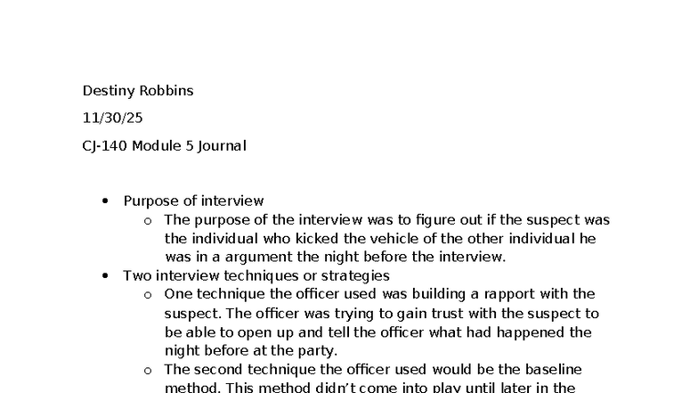 CJ-140 Module 5 Journal: Interview Techniques & Effectiveness - Studocu