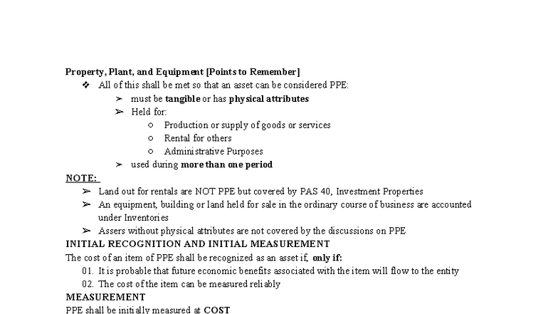 Property, Plant, and Equipment (PPE) Key Points Overview - Studocu