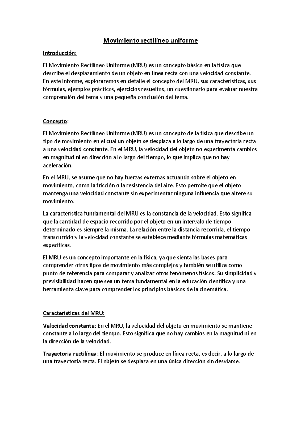Informe sobre Movimiento Rectilíneo Uniforme (MRU) - Análisis y Ejercicios - Document Preview