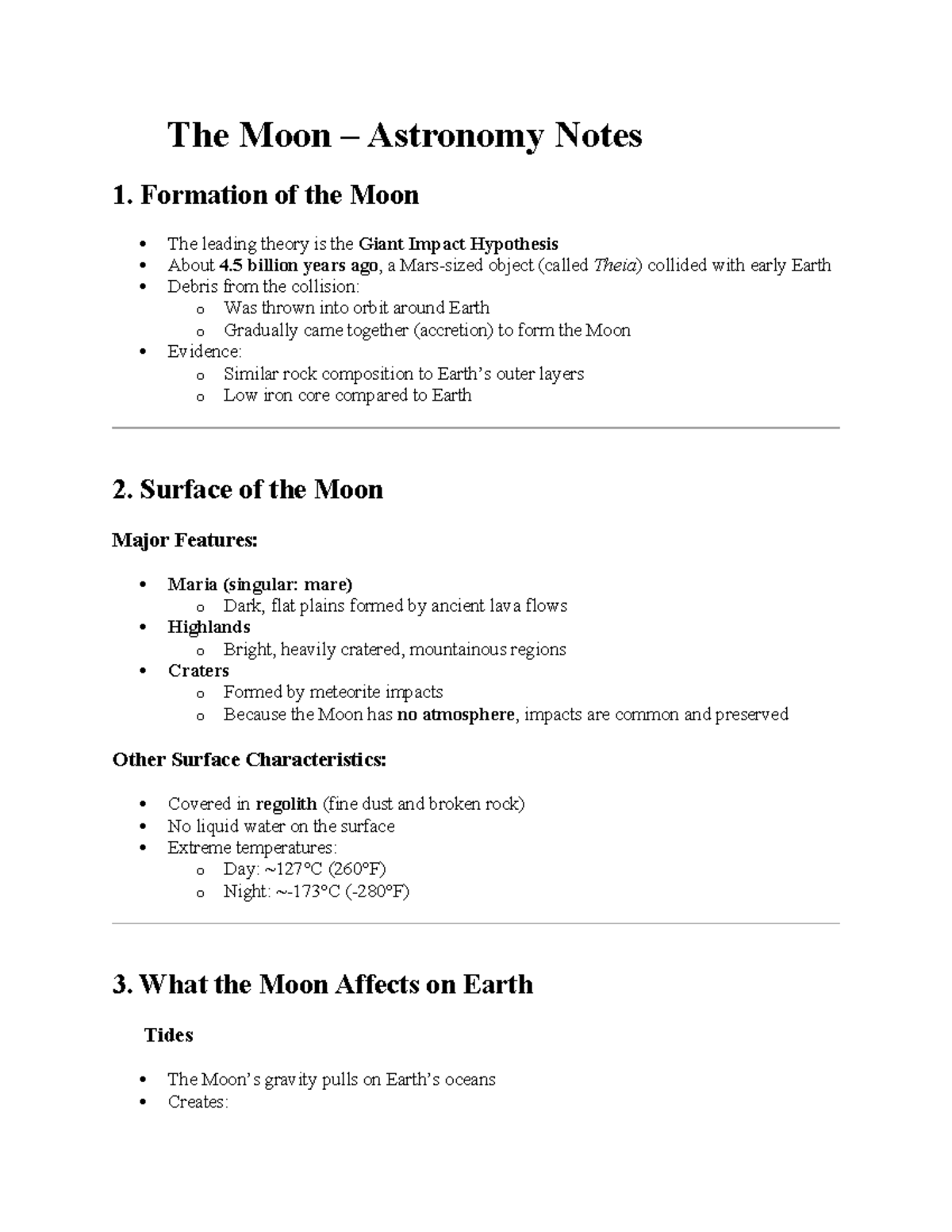 Astronomy 101: The Moon Formation and Phases Notes - Studocu