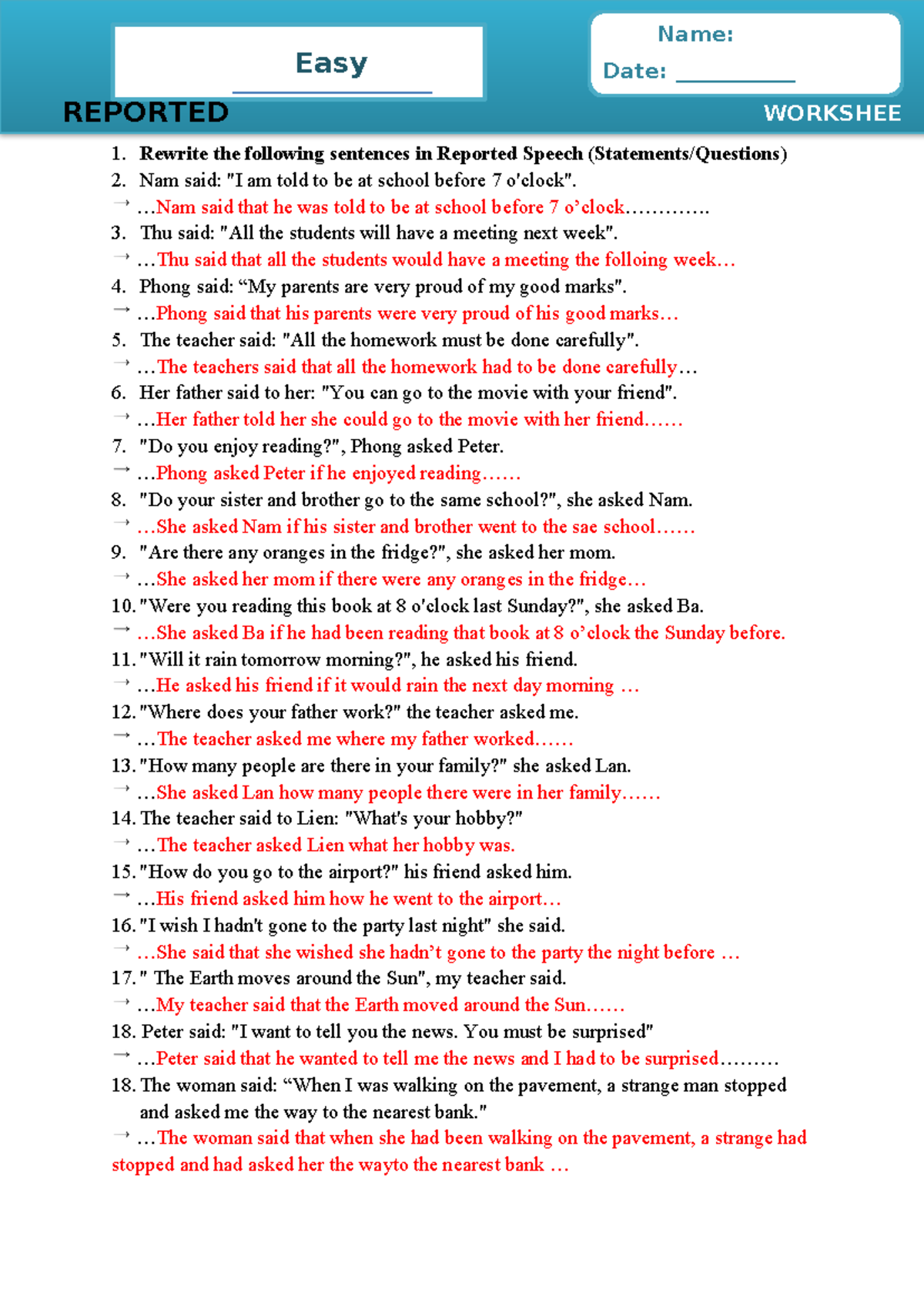 Reported Speech 1: Grammar Worksheet (T1) - Key - Studocu
