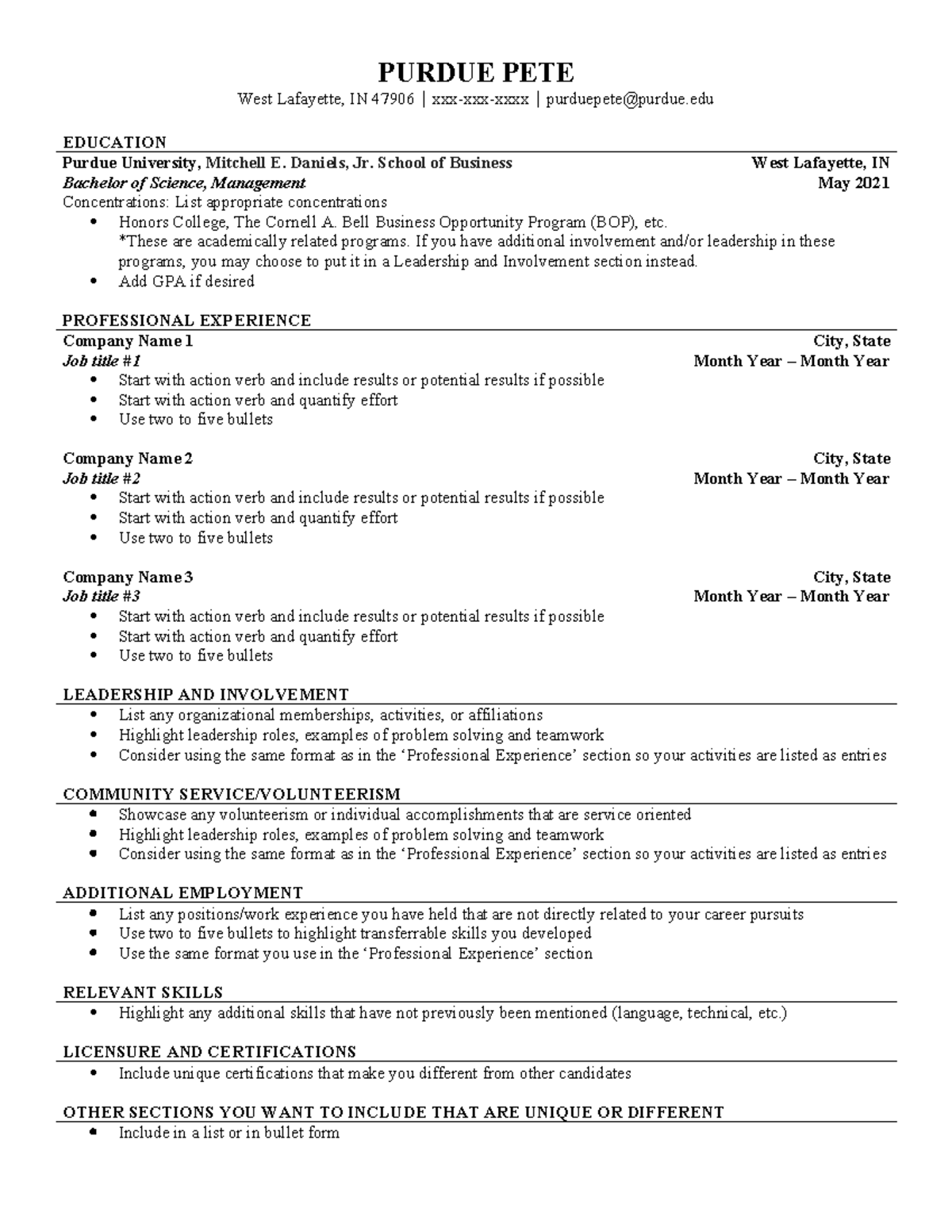 Resume Template for Undergrad - Purdue University B.S. Management - Studocu