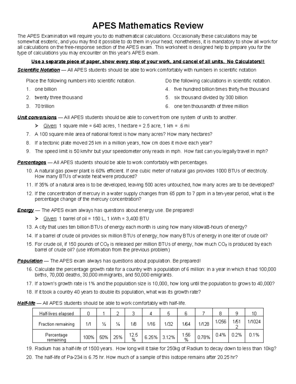 APES 101 Final Exam Mathematics Review Guide - Studocu