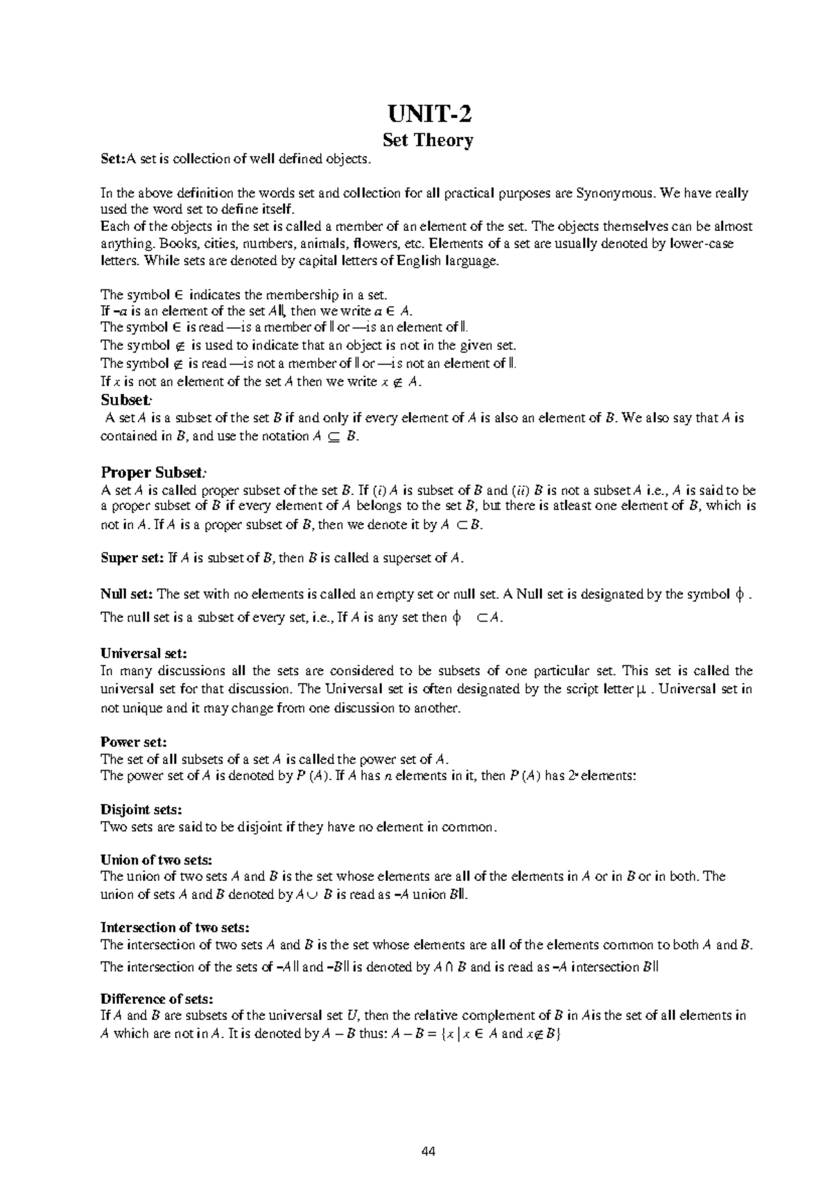 Unit 2: Set Theory Concepts and Operations - R22 Syllabus Notes - Studocu