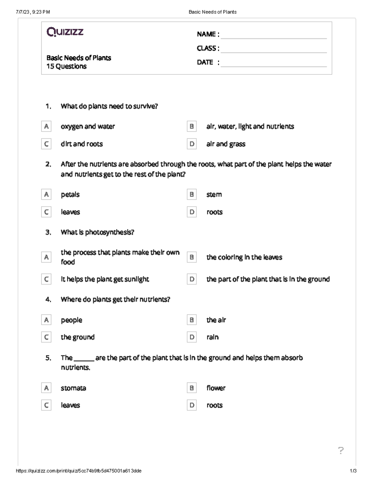 Basic Needs of Plants Quiz (9:23 PM) - 15 Questions - Studocu