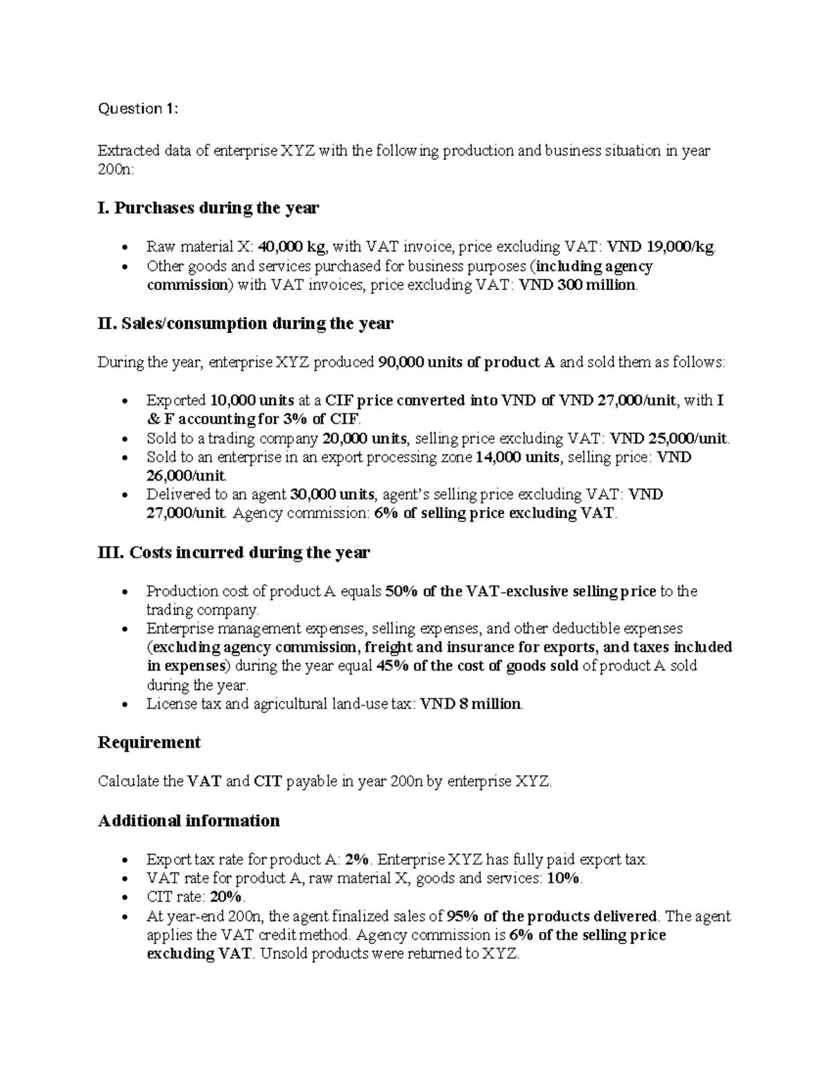 CIT - Q - VAT and CIT Calculation for Enterprises in Year 200n - Studocu