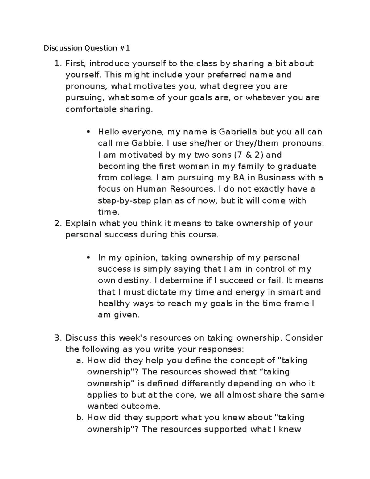 Discussion Question #1: Personal Success & Ownership in BA Program ...