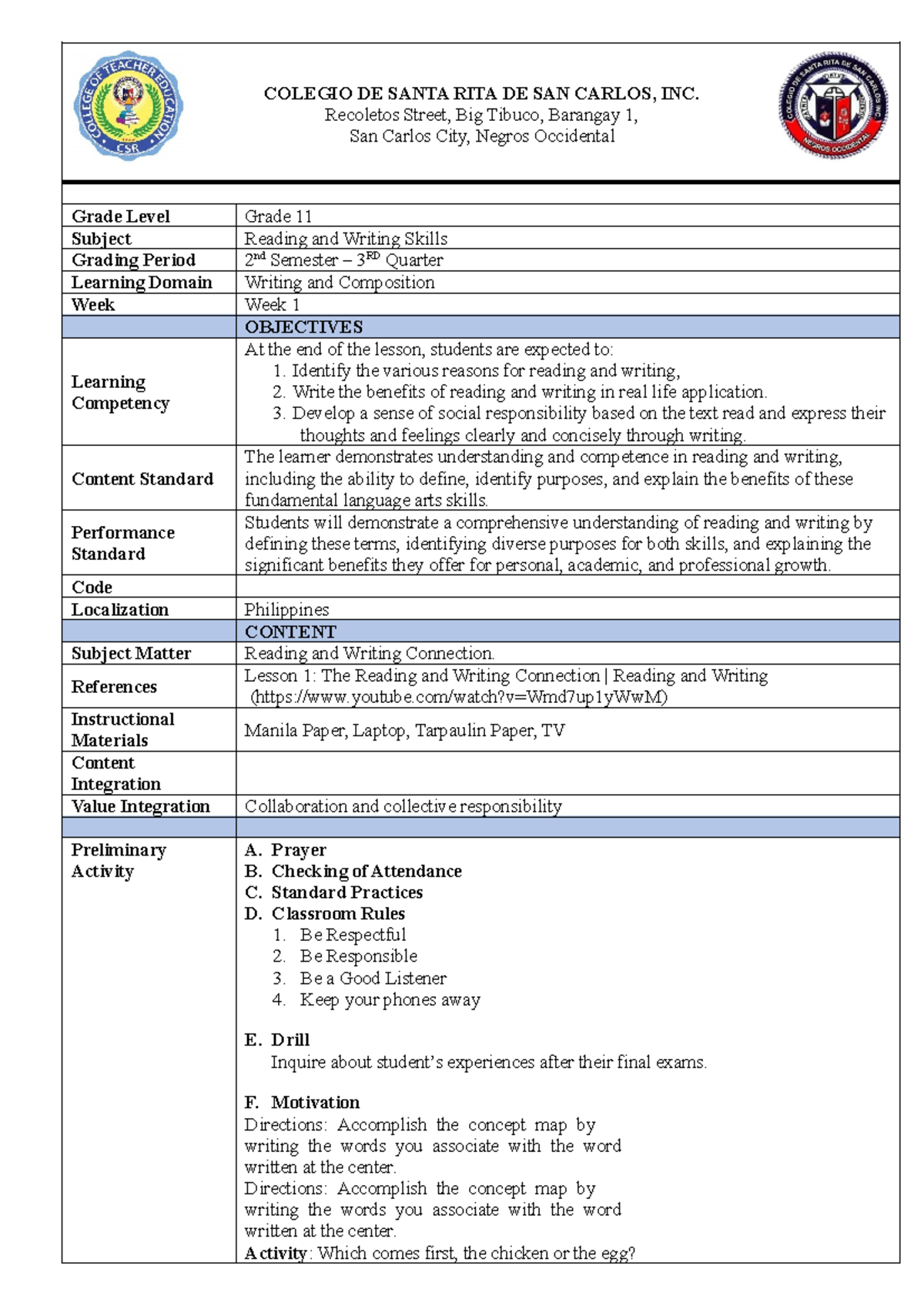 Grade 11 Reading and Writing Skills Lesson Plan (2nd Sem, 3rd Qtr ...