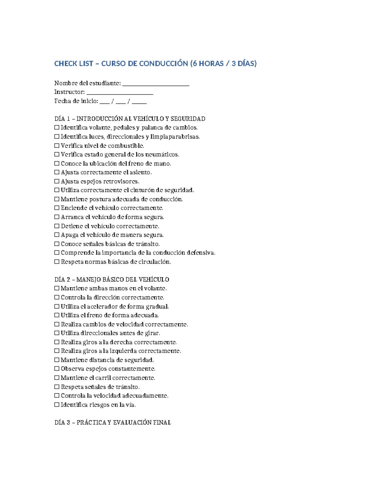 Checklist Curso de Conducción: 6 Horas en 3 Días - Studocu