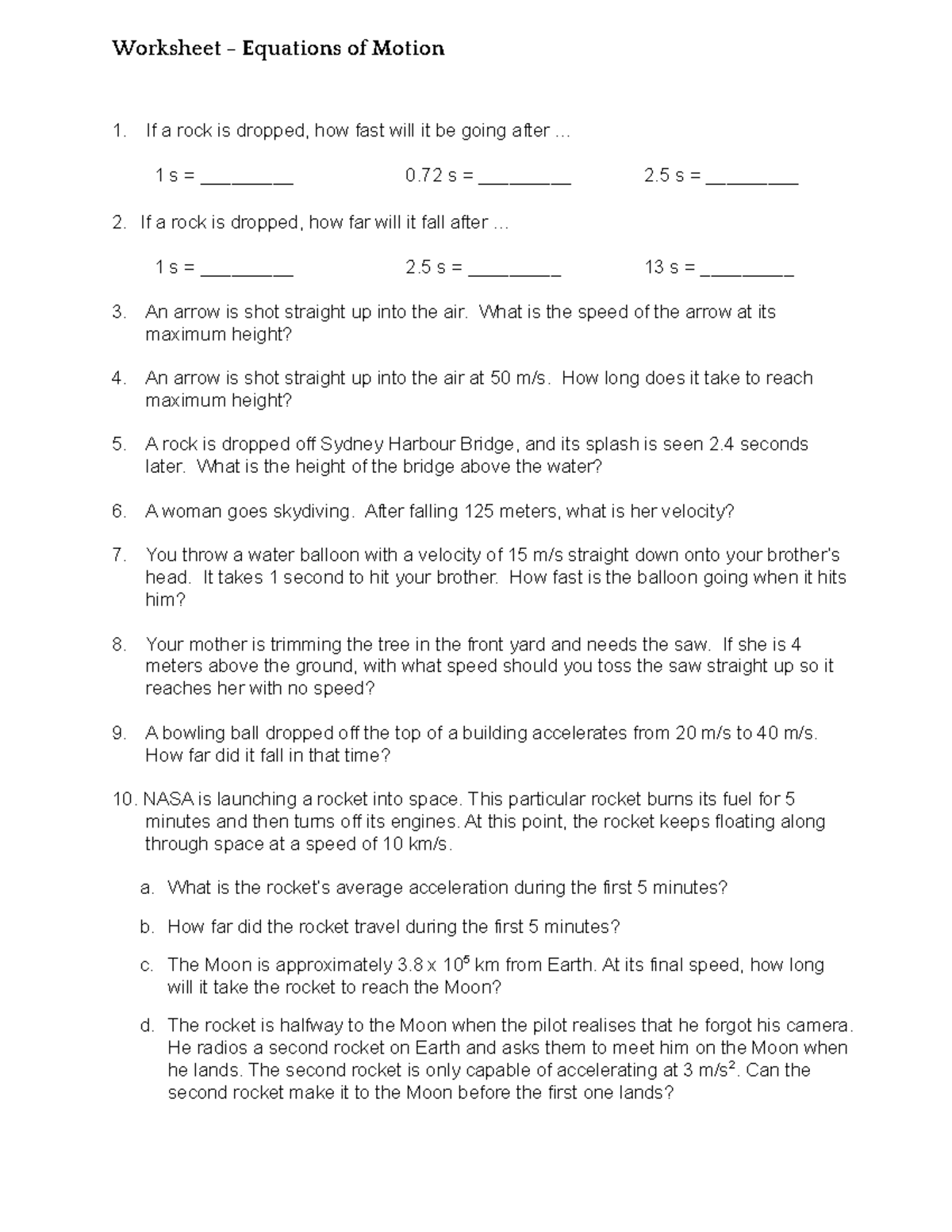 WS - Equations of Motion Worksheet 1: Problem Set and Solutions - Studocu