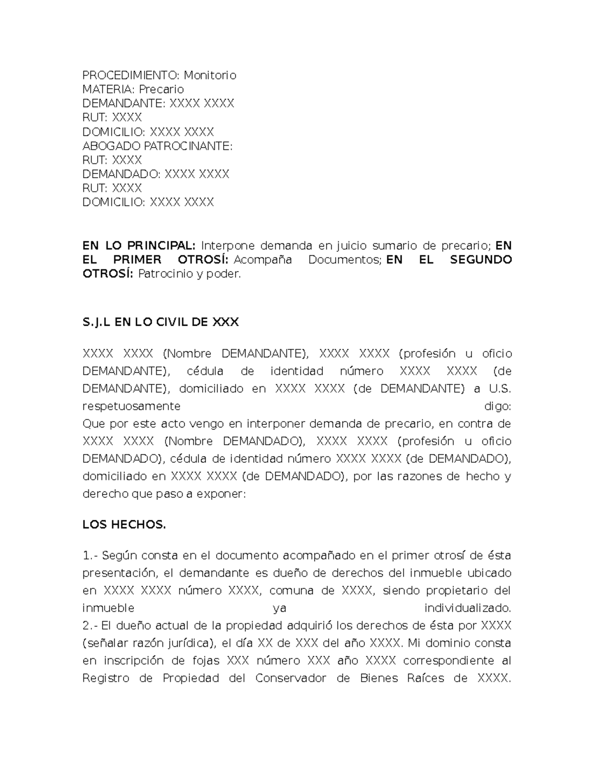 Modelo de Demanda Monitorio: Restitución de Inmueble - Studocu
