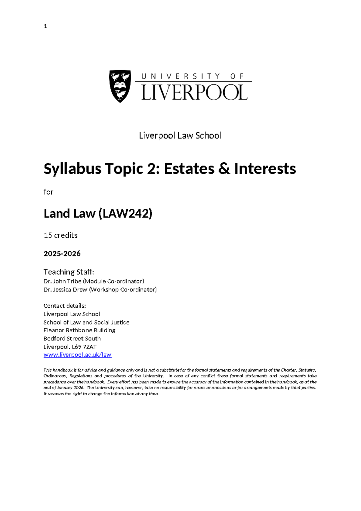 Syllabus Topic 2: Estates and Interests in Land Law (LAW242) 2026 - Studocu