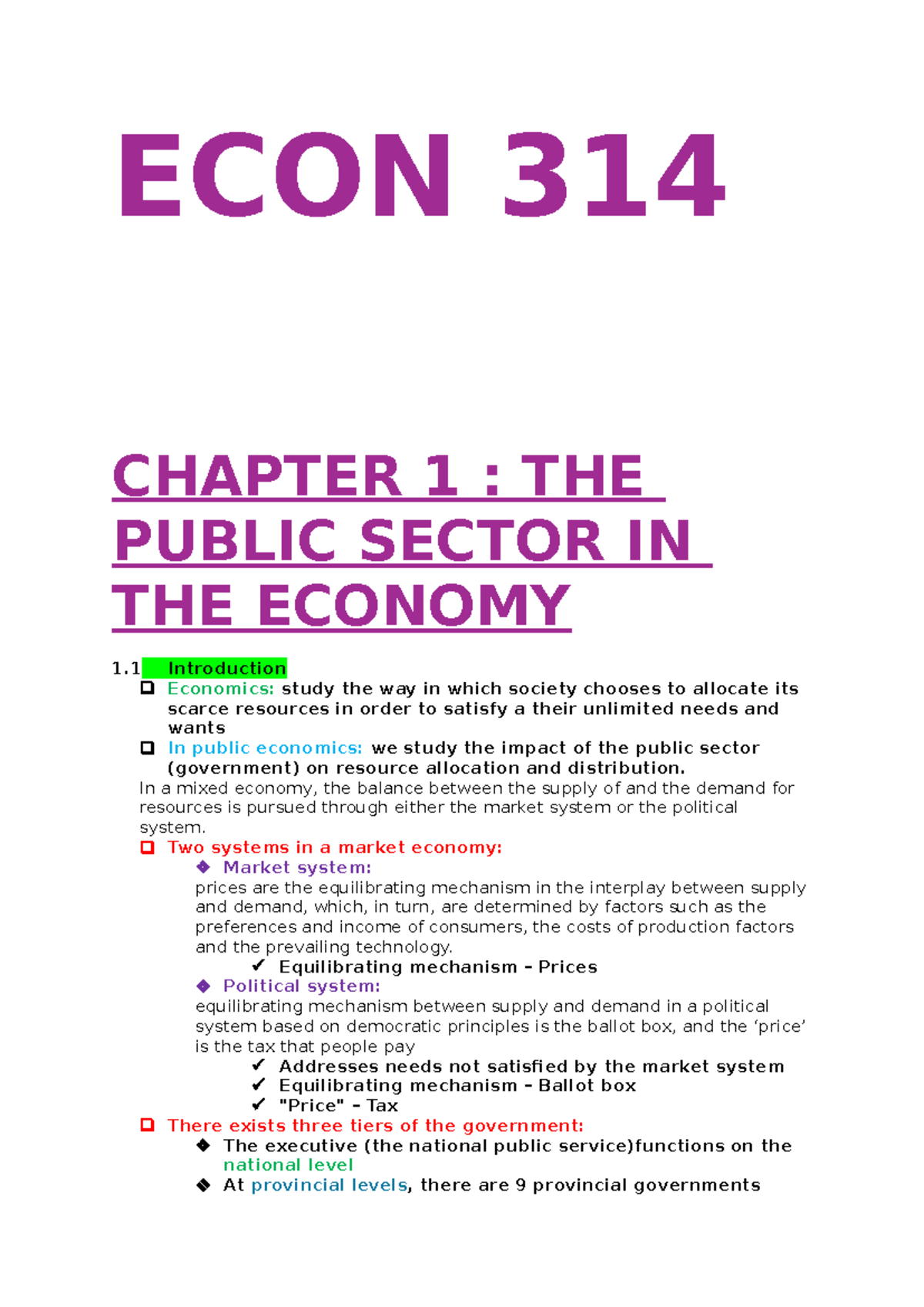 ECON 314 - Chapter 1 Summary: The Public Sector in the Economy - Studocu